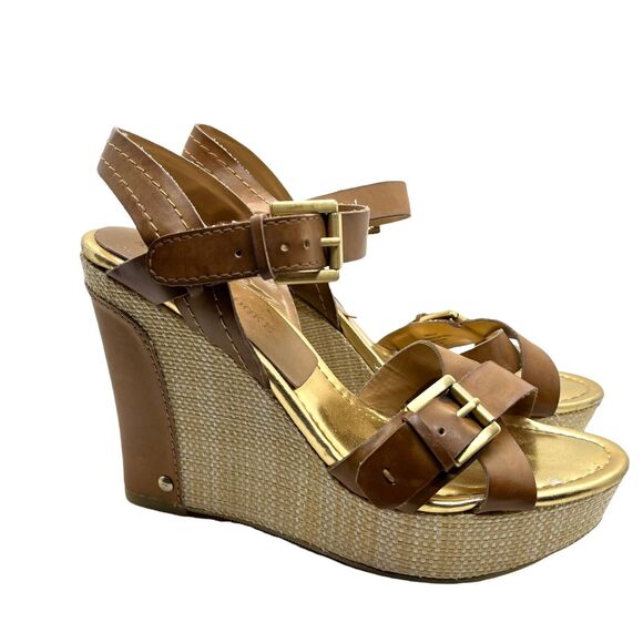 Audrey Brooke Shoes - Audrey Brooke Sandals Wedge Heel Abhollie Vegan Luggage Look Straw Covered 8M